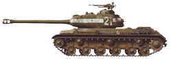 Тяжелый танк ИС-2 с тактическим номером "21". По периметру башни танка проведена взаимоопознавательная полоса, необходимая для городских боев в Берлине. Май 1945 года (рис. С.Игнатьев).