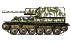 Лёгкая самоходная установка СУ-76М. На ней виден зимний камуфляж в виде широких белых полос, нанесённых кистью. Белорусский фронт, неизвестная войсковая часть, зима 1944 года (рис.С.Игнатьев).