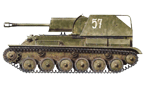 Самоходная установка СУ-76М из неизвестной войсковой части, 3-го Белорусского фронта. Восточная Пруссия, октябрь 1944 г. На борту и задней части рубки САУ нанесён тактический номер машины «57» (рис.С.Игнатьев).