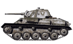 Лёгкий танк Т-70М из состава 8-й самоходно-артиллерийской бригады. Машина имеет белый камуфляж и силуэт птицы в круге - эмблема бригады. Этот танк использовался в качестве командирской машины. Белорусский фронт, февраль 1944 года (рис. С.Игнатьев).