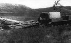 Испытания Я-13Ф со 122-мм пушкой А-19 на буксире. Предположительно август 1945 года.