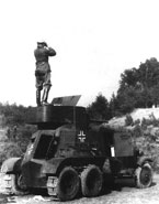 Трофейный советский БА-3 на службе в Вермахте. Белоруссия, июль 1941 года. На задние колёса надеты цепи "Оверолл". Судя по тому, что галифе офицера, стоящего на башне машины, подшиты кожей, можно предположить, что БА-3 использовался 1-й кавалерийской дивизией Вермахта.