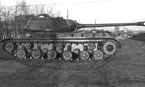 Опытный танк ИС-2 (Объект 240) во дворе завода №100. Осень 1943 года (вид на левый борт, башня повёрнута назад).